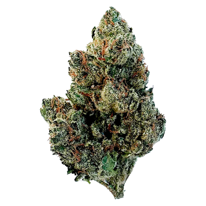 Close-up of a frosty, green and orange nugget photographed on white background, labeled Marshmallow OG.