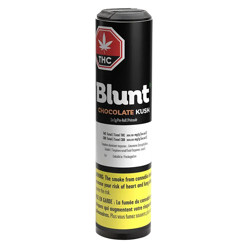 Tall front-facing tube of Blunt Chocolate Kush 1 x 1 g with black, white and yellow label and a red THC stop-sign logo.