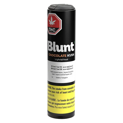 Tall front-facing tube of Blunt Chocolate Kush 1 x 1 g with black, white and yellow label and a red THC stop-sign logo.