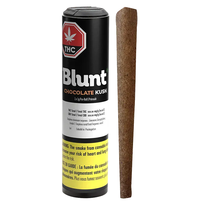 Front-facing shot of the Blunt Chocolate Kush PR 1 x 1 g black tube with label details visible beside a standing brown pre-rolled blunt.