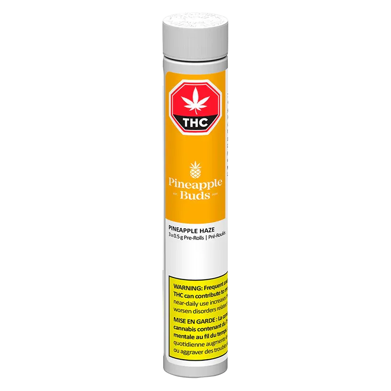 Tall front-facing Pineapple Haze PR 3 x 0.5 g plastic tube with an orange Pineapple Buds label and a red THC symbol.