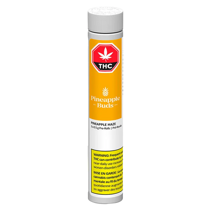 Tall front-facing Pineapple Haze PR 3 x 0.5 g plastic tube with an orange Pineapple Buds label and a red THC symbol.