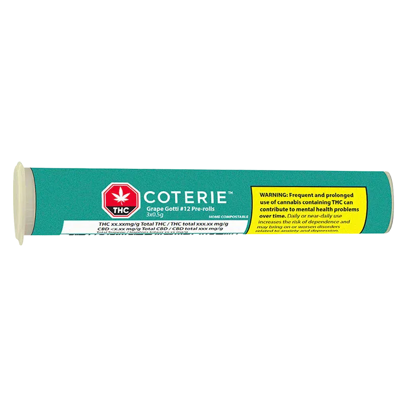 Horizontal close-up of the teal tube packaging labeled COTERIE Grape Gotti PR 3 x 0.5 g with a yellow THC warning panel on the right.