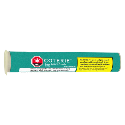 Horizontal close-up of the teal tube packaging labeled COTERIE Grape Gotti PR 3 x 0.5 g with a yellow THC warning panel on the right.