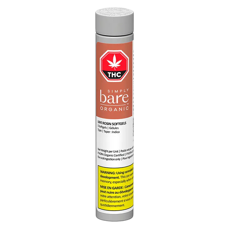 Front view of the cylindrical tube labeled Live Rosin Softgels with a gray cap and orange-white Simply Bare Organic branding.