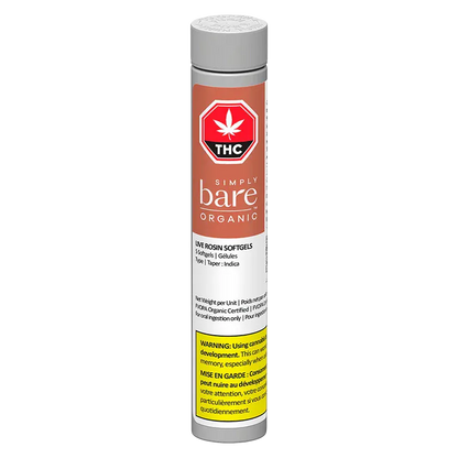 Front view of the cylindrical tube labeled Live Rosin Softgels with a gray cap and orange-white Simply Bare Organic branding.