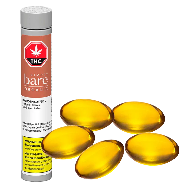 Three-quarter view of a tall white tube labeled "Simply Bare Organic Live Rosin Softgels" standing beside five glossy amber softgel capsules.