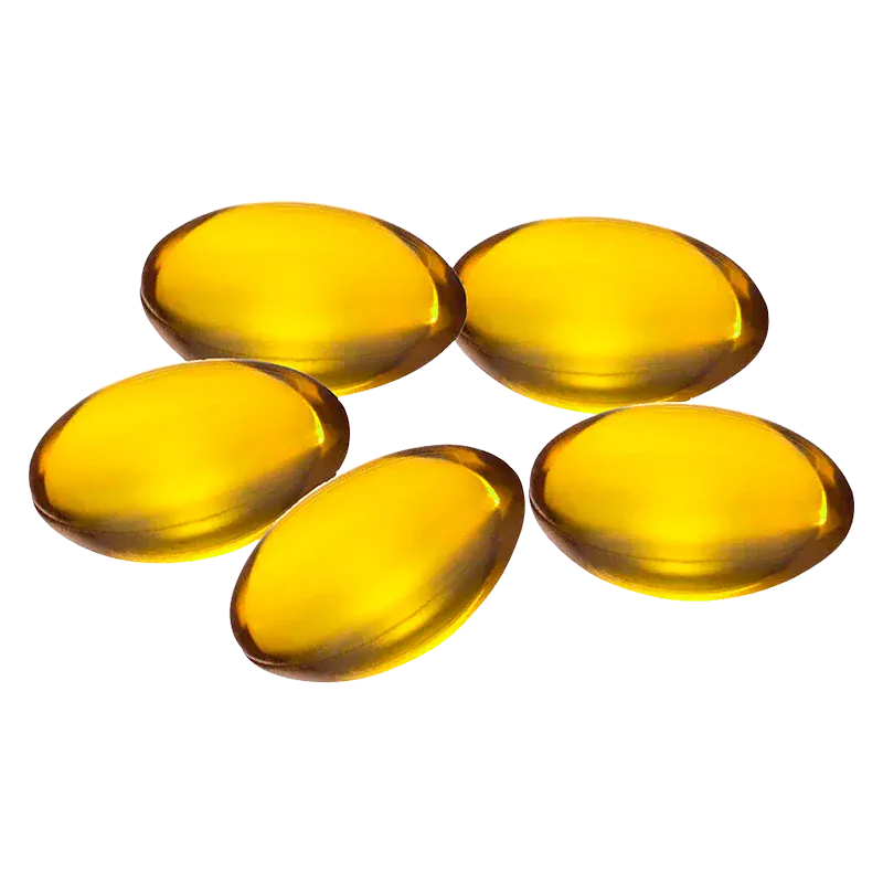 Top-down view of five glossy amber softgels labeled Live Rosin Softgels arranged in a loose cluster on a white background