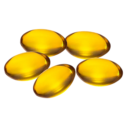 Top-down view of five glossy amber softgels labeled Live Rosin Softgels arranged in a loose cluster on a white background
