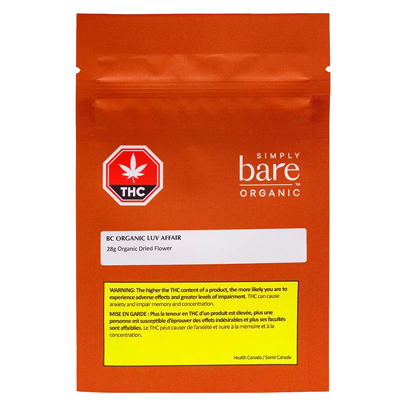 Front-facing shot of the orange BC Organic Luv Affair pouch with a white label, THC octagon icon, and yellow warning box.