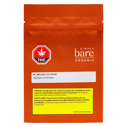 Front-facing shot of the orange BC Organic Luv Affair pouch with a white label, THC octagon icon, and yellow warning box.