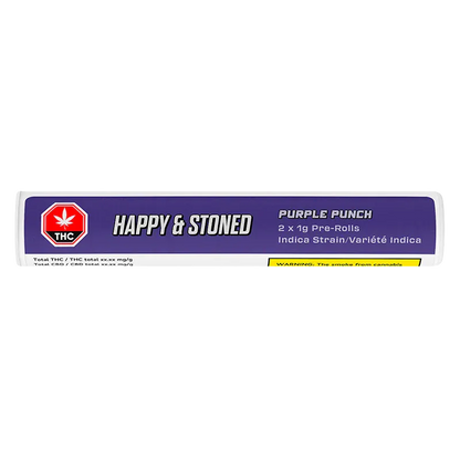 Top-down view of the purple-labeled Happy & Stoned Purple Punch PR 2 x 1 g pre-roll tube with bold white logo and THC icon.