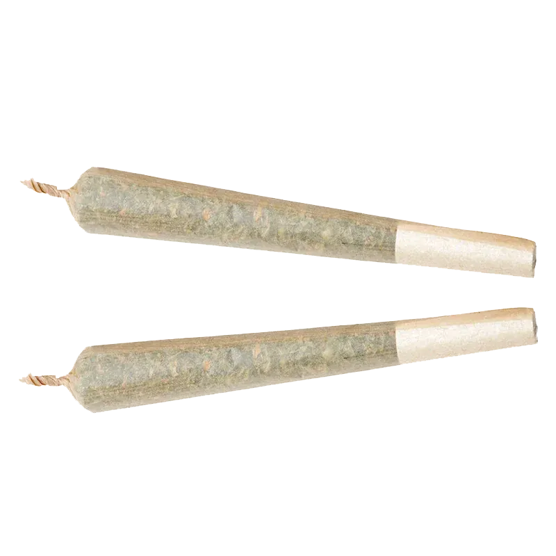 Top-down view of two rolled joints laid parallel, showing the paper tips and green herb inside, labeled Purple Punch PR 2 x 1 g