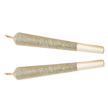 Top-down view of two rolled joints laid parallel, showing the paper tips and green herb inside, labeled Purple Punch PR 2 x 1 g