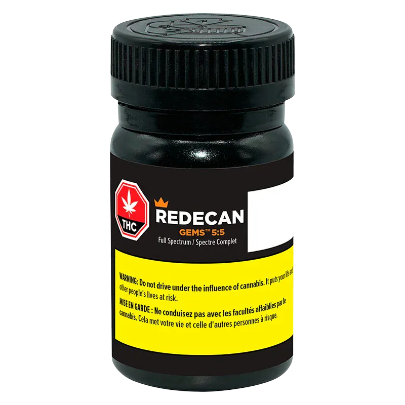 Front view of a black pill-style jar labeled Redecan Gems 5:5 with a yellow warning band and a red THC icon.