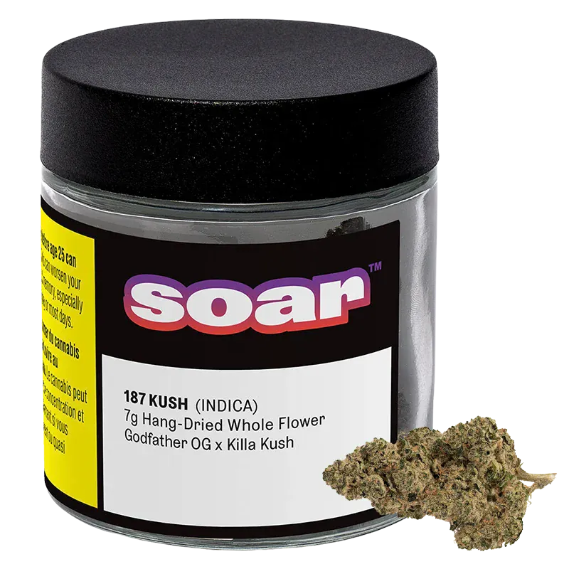 Front three-quarter view of a clear jar with a black lid labeled "soar 187 Kush" and a small pile of dried flower at its base.