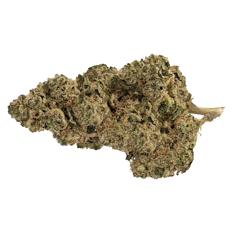 Close-up, top-down view of a single frosty green and orange bud labeled 187 Kush, showing dense trichomes and a small visible stem.