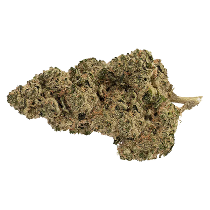 Close-up, top-down view of a single frosty green and orange bud labeled 187 Kush, showing dense trichomes and a small visible stem.