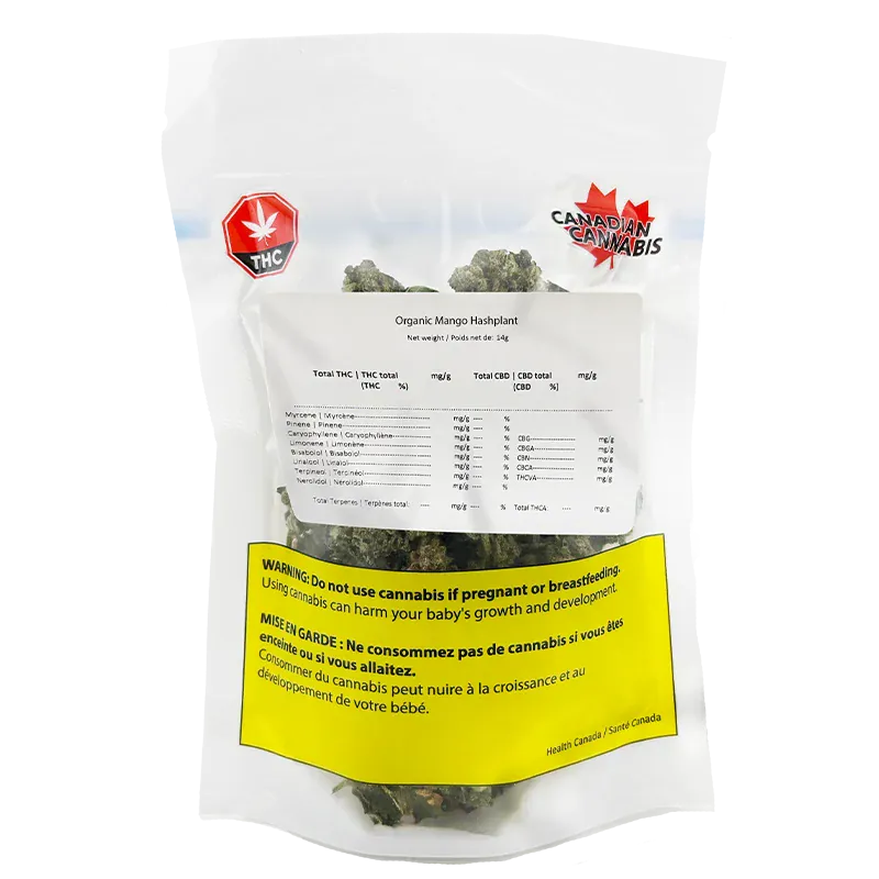 Clear front-facing shot of a resealable bag labeled Organic Mango Hashplant showing visible cannabis buds, lab chart, THC stop sign, and a yellow warning panel.