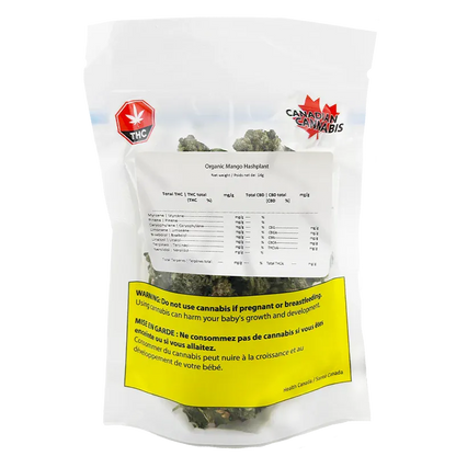 Clear front-facing shot of a resealable bag labeled Organic Mango Hashplant showing visible cannabis buds, lab chart, THC stop sign, and a yellow warning panel.