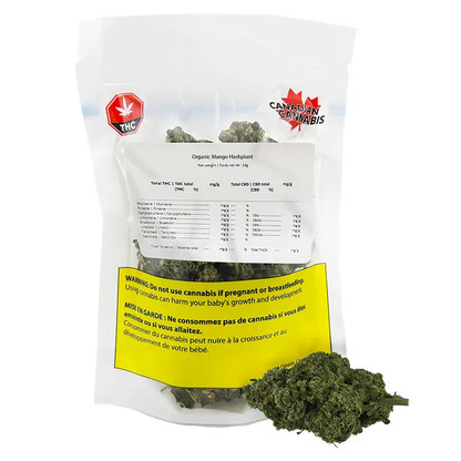 Front-facing shot of the Organic Mango Hashplant clear pouch with visible buds behind a white label and a yellow warning panel.