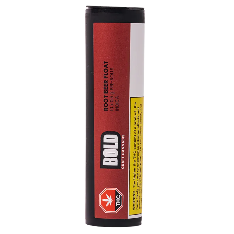 Vertical front view of the Root Beer Float PR 10 x 0.5 g tube showing the red BOLD Craft Cannabis label and yellow warning strip.
