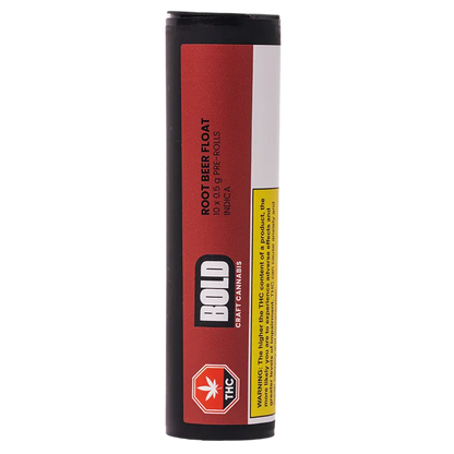 Vertical front view of the Root Beer Float PR 10 x 0.5 g tube showing the red BOLD Craft Cannabis label and yellow warning strip.