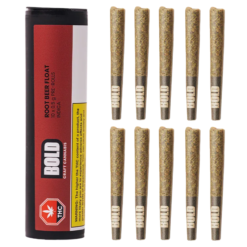 Studio-lit top-down view of ten pre-rolls beside a vertical black-and-red tube labeled "BOLD Root Beer Float PR 10 x 0.5 g."