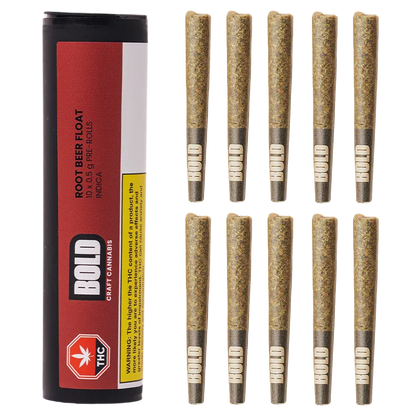 Studio-lit top-down view of ten pre-rolls beside a vertical black-and-red tube labeled "BOLD Root Beer Float PR 10 x 0.5 g."