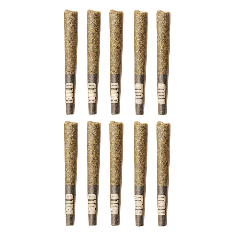 Top-down view of ten rolled pre-rolls labeled Root Beer Float PR 10 x 0.5 g arranged in two neat rows on a white background.