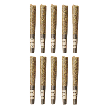 Top-down view of ten rolled pre-rolls labeled Root Beer Float PR 10 x 0.5 g arranged in two neat rows on a white background.