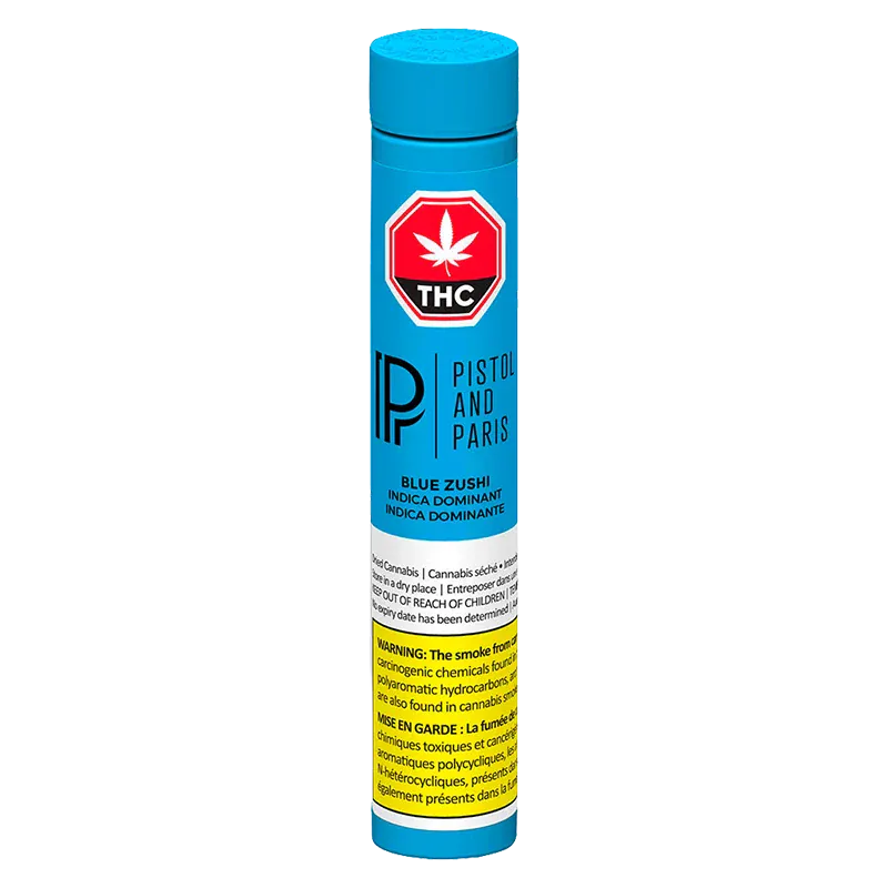 Tall front-facing blue tube labeled "Blue Zushi PR 3 x 0.5 g" with a red THC octagon and yellow warning block on a white background