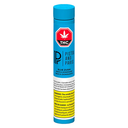 Tall front-facing blue tube labeled "Blue Zushi PR 3 x 0.5 g" with a red THC octagon and yellow warning block on a white background
