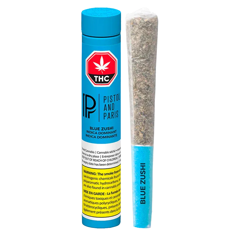 Front-facing shot of the Blue Zushi PR 3 x 0.5 g blue tube and matching pre-roll with visible THC label and warning text.