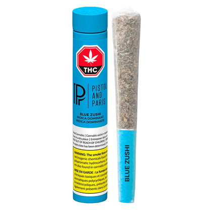 Front-facing shot of the Blue Zushi PR 3 x 0.5 g blue tube and matching pre-roll with visible THC label and warning text.