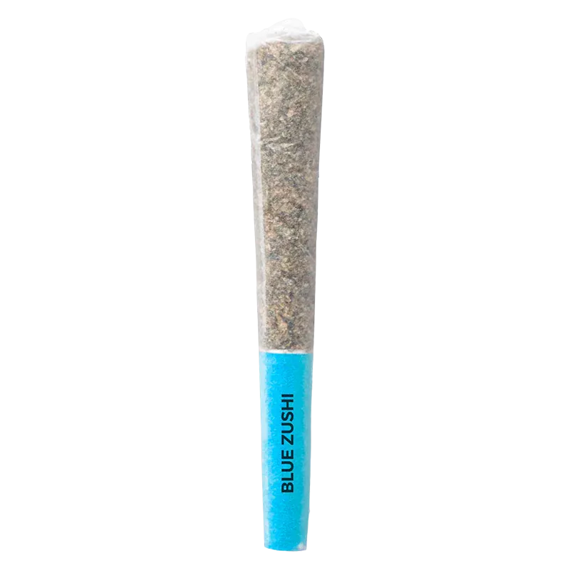 Vertical close-up of a pre-roll with a bright blue filter labeled Blue Zushi PR 3 x 0.5 g against a white background