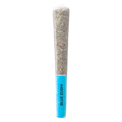 Vertical close-up of a pre-roll with a bright blue filter labeled Blue Zushi PR 3 x 0.5 g against a white background