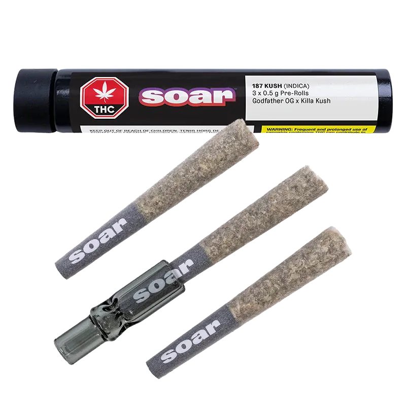 Angled top-down view of three gray pre-rolls and a black tube labeled "187 Kush PR 3 x 0.5 g" with the Soar logo visible.