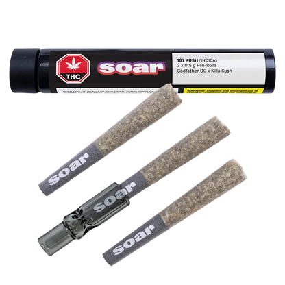 Angled top-down view of three gray pre-rolls and a black tube labeled "187 Kush PR 3 x 0.5 g" with the Soar logo visible.