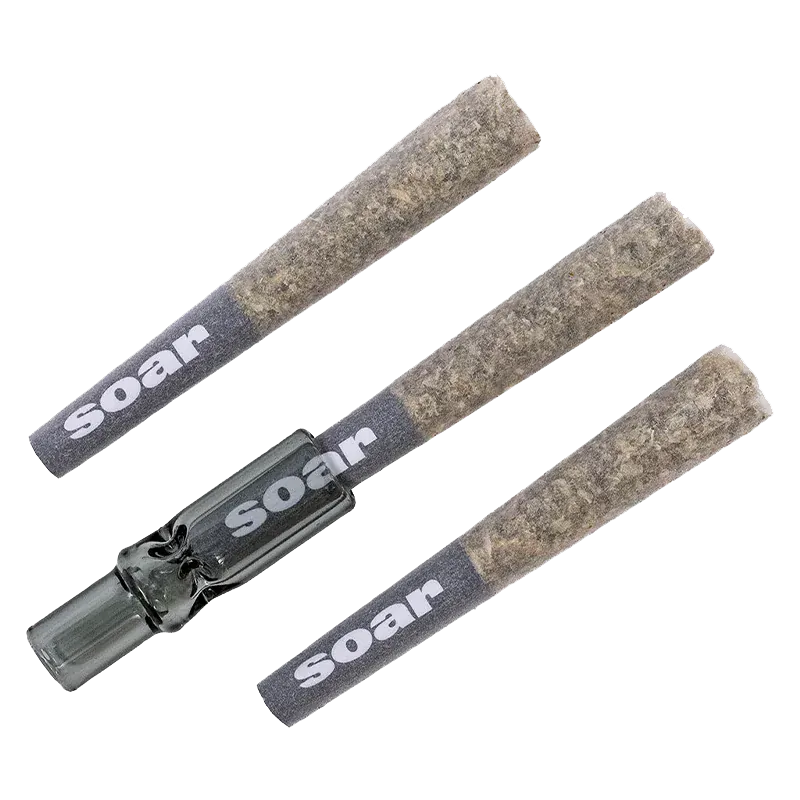Three angled pre-rolls with gray "soar" tips arranged on white background showing the textured herb in the cones, labeled 187 Kush PR 3 x 0.5 g