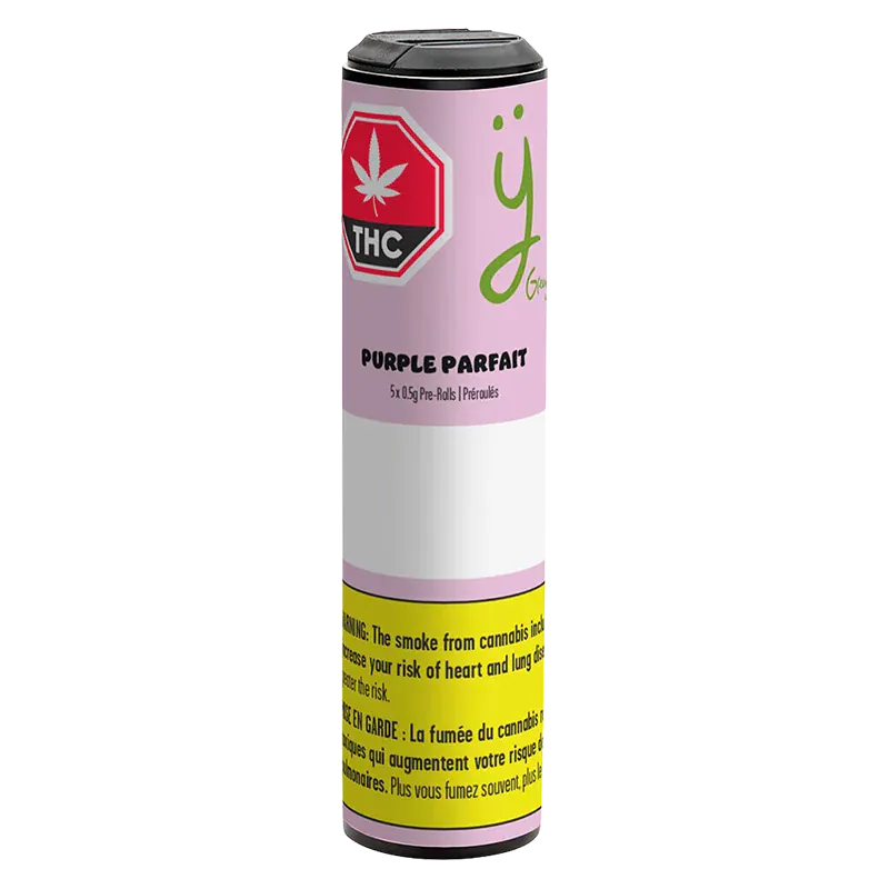 Vertical front view of the Purple Parfait PR 5 x 0.5 g cylindrical pink container with a black lid and warning label.
