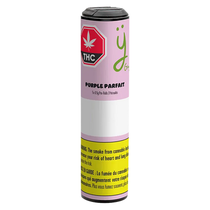 Vertical front view of the Purple Parfait PR 5 x 0.5 g cylindrical pink container with a black lid and warning label.