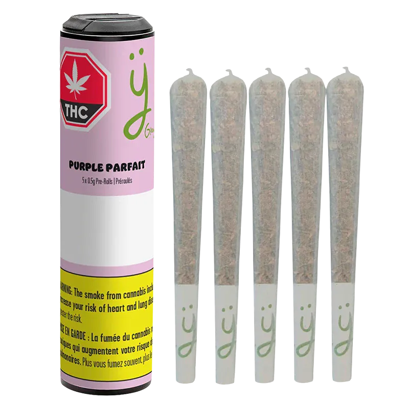 Canister and five pre-rolls shown side-by-side in bright studio lighting, labeled "Purple Parfait PR 5 x 0.5 g" on a pastel pink tube.