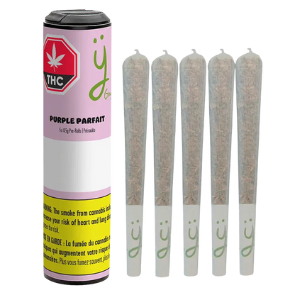 Canister and five pre-rolls shown side-by-side in bright studio lighting, labeled "Purple Parfait PR 5 x 0.5 g" on a pastel pink tube.
