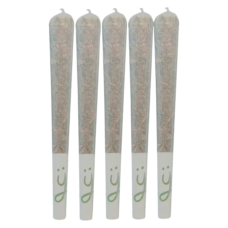 Row of five upright Purple Parfait PR 5 x 0.5 g pre-rolls shown from the front against a white background, each with a white filter stamped with a green smiley logo.