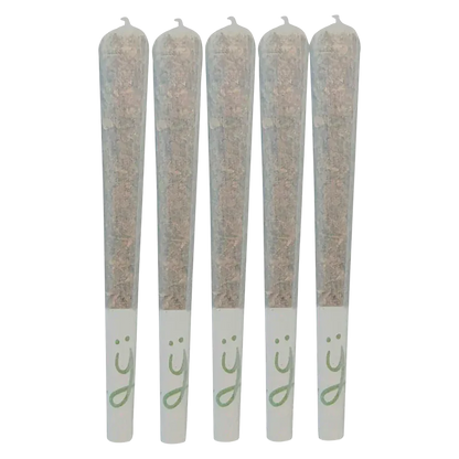 Row of five upright Purple Parfait PR 5 x 0.5 g pre-rolls shown from the front against a white background, each with a white filter stamped with a green smiley logo.