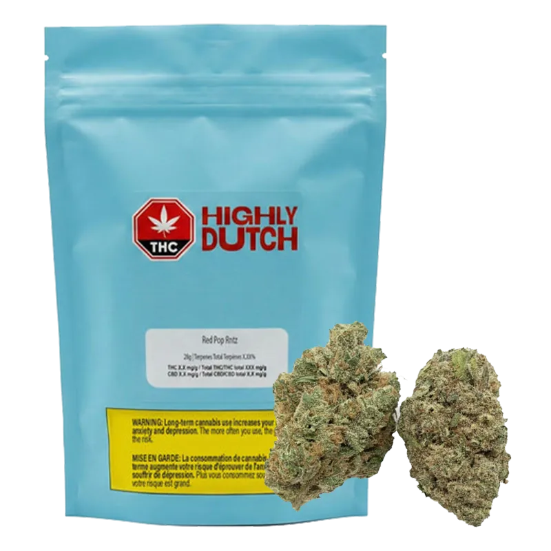 Front-facing pouch and two dense buds displayed together, labeled "Red Pop Rntz" by Highly Dutch.