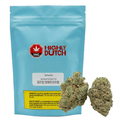 Front-facing pouch and two dense buds displayed together, labeled "Red Pop Rntz" by Highly Dutch.