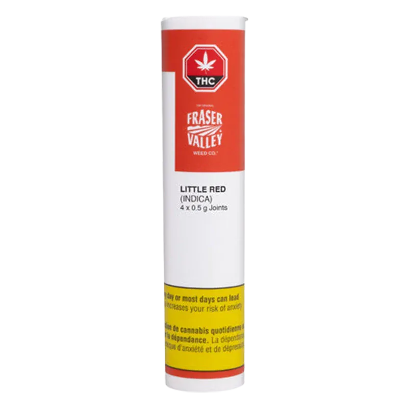 Tall front view of the Little Red PR 4 x 0.5 g tube with red Fraser Valley label, white midsection and yellow warning band.