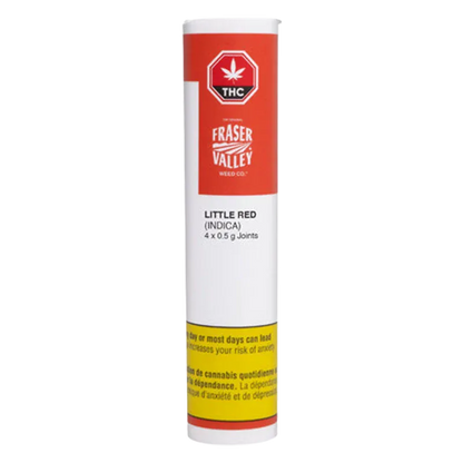 Tall front view of the Little Red PR 4 x 0.5 g tube with red Fraser Valley label, white midsection and yellow warning band.
